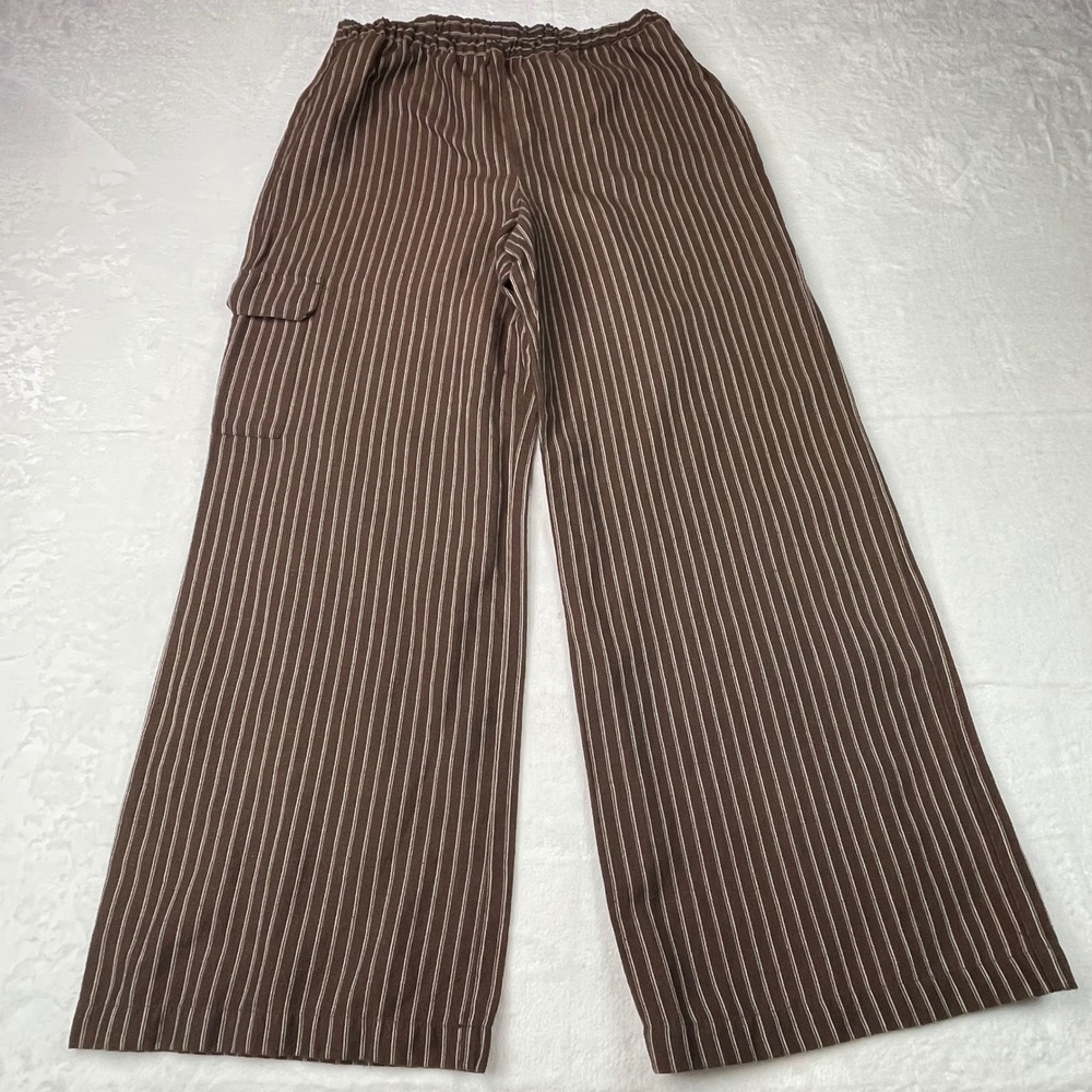 Chico's Brown White Striped Linen Blend Wide Leg Cargo Pants Size 3 L XL